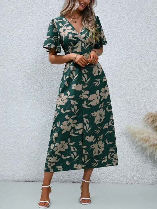 Multicolor Boho Women's V-Neck Short Sleeve Allover Print Slit Flowy Midi Dress - Picture 5 of 6